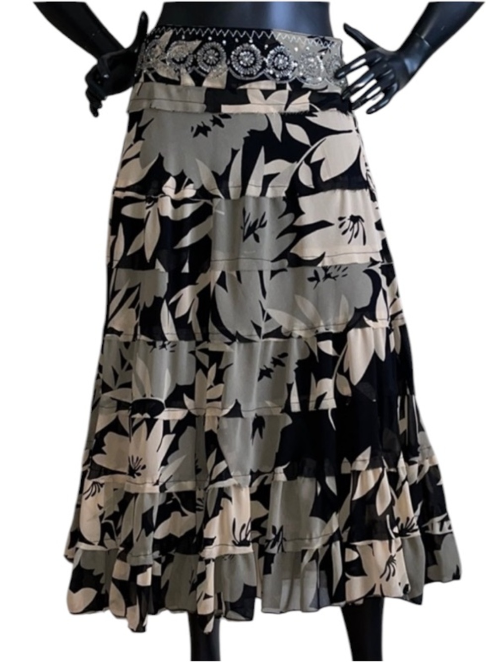 NWOT DIMRI Tiered Black Tan Floral Print Midi Skirt w/Embellished Waist Size 4